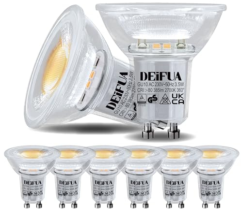 DEIFUA 6er-Pack GU10 LED Lampe Warmweiss 2700K 3.5W 385 Lumen Ersetzt 50W Halogen Leuchtmittel, Nicht Dimmbar Reflektorlampen, Flimmerfrei Strahler, Abstrahlwinkel 360° Birnen, 38° Spot