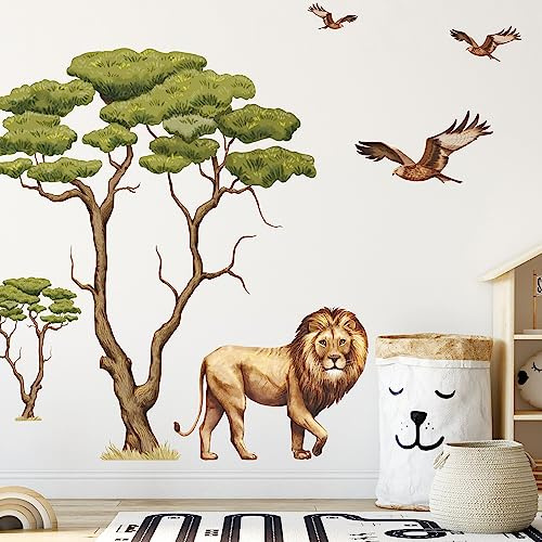 Wandtattoo Kinderzimmer Savanne mit Bäumen Löwe und Vögeln Dekoration Babyzimmer Tiere Natur