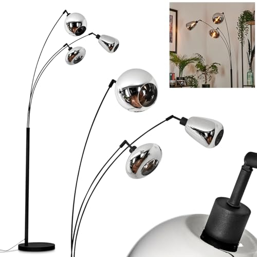 Stehleuchte Maynal, moderne Stehlampe aus Metall/Glas in Schwarz/Chromfarben, Standleuchte mit Schirmen aus Glas (Ø 8, 14, 19 cm), verstellbar, Fußschalter am Kabel, 3 x E14, ohne Leuchtmittel