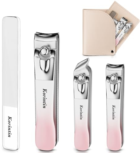 Korintin Coupe Ongle Professionnel 4pcs, Kit Coupe Ongle avec Lime à Ongles et étui en Cuir, Pince Coupe Ongle pour Hommes et Femmes, Outils de Manucure et de Pédicure (rose)