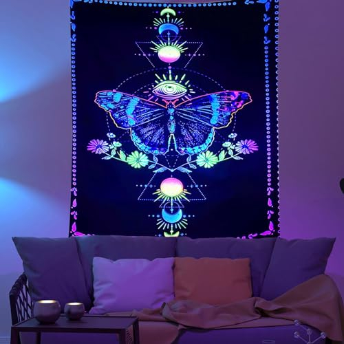 MytaYt Fluoreszenz Schmetterling Wandteppich Psychedelische Wandbehang Wanddeko 150 X 100CM Schmetterling Wandtuch Mond Phase Trippy für Schlafzimmer, Wohnzimmer, Wohnheim Wanddeko
