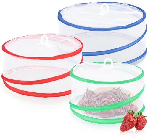 com-four® 3x Fliegen Abdeckhauben Pop-Up - bunte Abdeckhauben für Lebensmittel - faltbare Speiseschirme in 3 Größen - Insektenschutz - Netzhaube für Obst und Kuchen (3 Stück - rot blau grün)