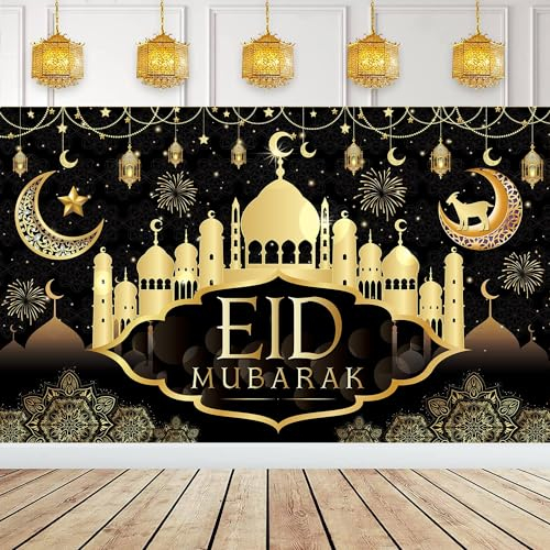 XINDY Eid Mubarak Dekoration Schwarz Gold Extra Große Eid Mubarak Hintergrund Banner Eid Deko Ramadan Stoff Schild Poster für Eid Mubarak Deko Muslimisch Islam Party Bayram Dekoration, 180x110CM