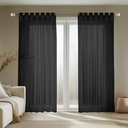 NAKIHOUSE Voile Curtain 96 Drop 2 Panels Net Curtains for Windows Eyelet Top Sheer Curtains for Kitchen Living Room Bedroom Window Treatment, Black Voiles, 52 x 96