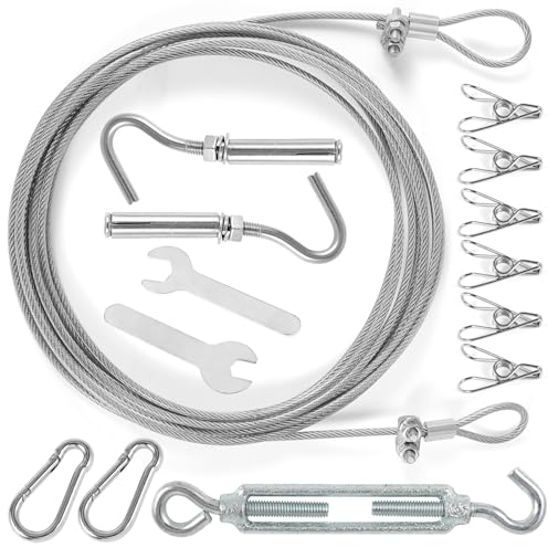 OOTSR Acero Inoxidable Cuerda Tendedero,16.4ft Alambre de Ropa para Exterior Interior, Lavandería Secado Ropa con Tensor y 6 Pinzas de la Ropa, Ajustable Línea de Ducha de Alta Resistencia