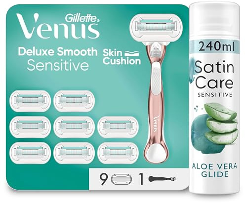 Gillette Venus Deluxe Smooth Sensitive Rasierer Damen Set, Damenrasierer + 9 Rasierklingen mit 5-fach Klinge + Satin Care Intimpflege Rasiergel mit Aloe Vera (240 ml), Geschenk für Frauen