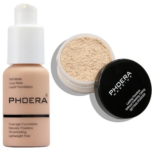 PHOERA Foundation, PHOERA Gesichtspuder, Soft Focus Setting Puder, PHOERA Foundation Make-up für Frauen, PHOERA Full Coverage Foundation (103 Warm peach+N.02 Cool Beige)