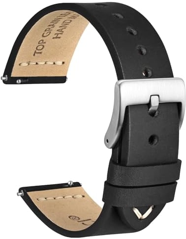 WOCCI 20mm Antikes Uhrenarmband für Herren, Sattelleder, Silberne Schnalle (Schwarz)