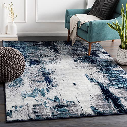 Livabliss Helsinki Wohnzimmer modern – Abstrakt Design in Marmor Optik für Wohnzimmer 140x200 cm, Esszimmer, Schlafzimmer - Marmor e groß, weicher Kurzflor in Blau, Grau und Weiß
