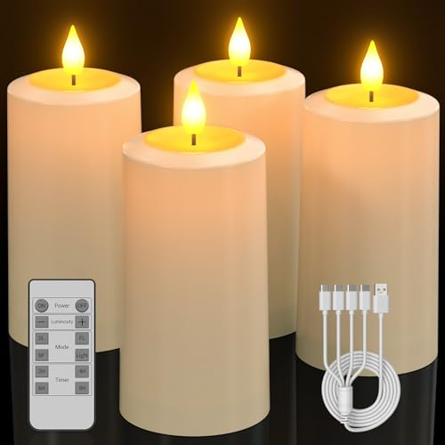 SoulBay Rechargeable Candles, 4 Packs Battery Flameless LED Electric Pillar Candles Flickering with Remote Timer, Outdoor Waterproof for Lanterns Home Room Decor Halloween Christmas Decorations