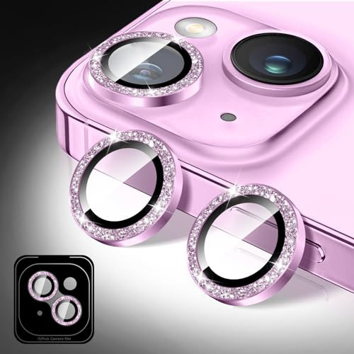 Kucheed Proteggi Obiettivo Fotocamera Glitterato Compatibile con iPhone 14/14 Plus, Adesivi per Copertura Fotocamera in Vetro Temperato, Allineamento Automatico dei Singoli Anelli Metallici