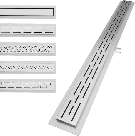 Aquamarin® Duschrinne - 140 cm, Komplettset, mit Siphon, Haken, verstellbare Füße, aus Edelstahl, Gebürstet, Schlitz, Flach - Duschablauf Linear, Bodenablauf, Ablaufrinne, Duschabfluss, Ablauf