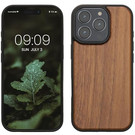 kwmobile Custodia Compatibile con Apple iPhone 16 Pro Cover - Protezione in Legno per Smartphone - Back Case con Bumper in Silicone TPU - marrone scuro