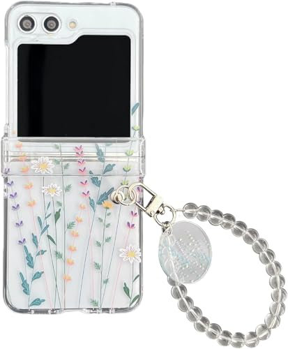 SONIGRA Woman Floral Girly Case for Samsung Galaxy Z Flip 6 2024, Clear Hard PC Protective Case with Color Beads Strap, Flower Leaves