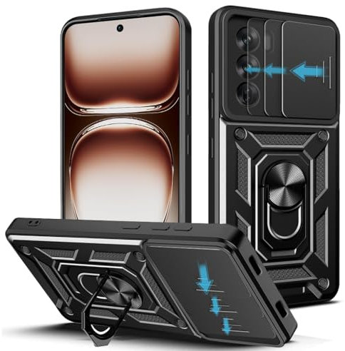 Loyhee Hülle für Oppo Reno 12 5G (6.7), Kameraschutz Handyhülle mit 360 Grad Ring Ständer Weich TPU Bumper Stoßfest + Hart PC Rückseite Kratzfest Tough Armor Schutzhülle - Schwarz