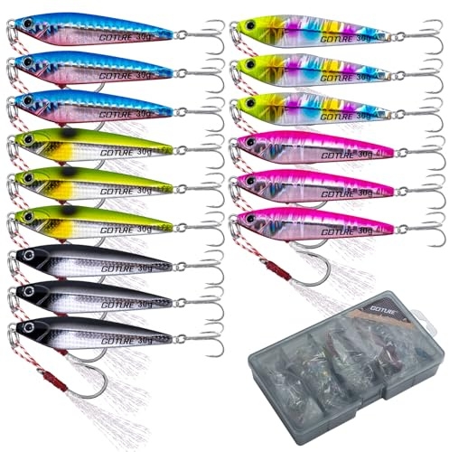 Goture 15 Stück Kunstköder Set, Angelköder Pilker Wobbler Fischlöffel Fischköder Forell für Salzwasser Süßwasserforellen Lachs, Forelle, Köder mit Drillingshaken 30g