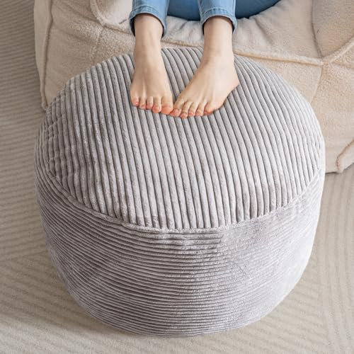 HIGOGOGO Runder gefüllter Pouf Ottomane, Cord-Poufs mit Schaumstoff-Chunk-Füllung, pelziger und flauschiger Pouf Fußhocker Aufbewahrung, Ottomane, 20 x 15 Bodenpoufs Fußstütze für Wohnzimmer, Grau