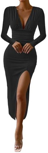 Zesoyne Womens Maxi Dress Sexy Long Sleeve V Neck Side Slit Full Length Long Dresses for Party Wedding Cocktail S Black