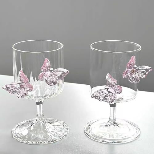 RXMORI 2 Stück Kreative Schmetterlings-Glasbecher, Vintage-Kelchgläser mit Schmetterling, 250 Ml Klares Glas mit Hohem Stiel für Eistee, Wein, Bier, Saft, Cocktail, Whiskey (Glas)