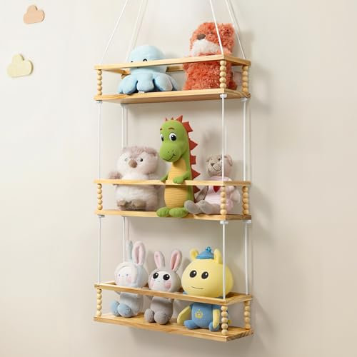 Gronda Hängeregal Kinder Bücherregal Spielzeug Wandregal Kinderzimmer 3er Set Kinderregal Mit Holzperlen Schaukel Design Schweberegal Holz für Spielzimmer Wohnzimmer Schlafzimmer Mädchen und Junge
