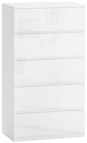 HOMCOM Commode Moderne 5 tiroirs Anti-basculement, Commode en Bois aggloméré, 55x33x100 cm, Blanc Brillant