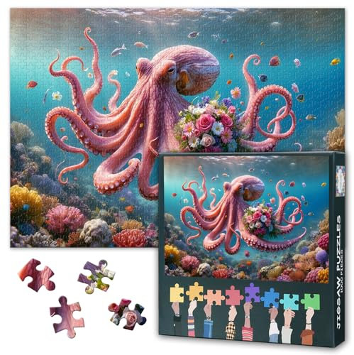 1000-Piece Pink Octopus & Tropical Flowers Underwater Art Jigsaw Puzzle for Adults - Impossible Level Challenging, Premium Matte Finish, Wall Decor Gift for Ocean Lovers (19.69x27.56 in)