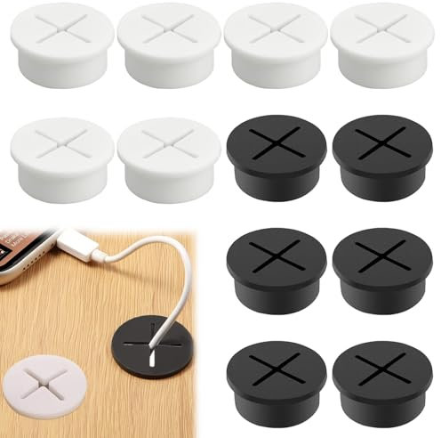Passe Cable en Silicone, 12 Pièces Passe Cable Mural pour Ordinateur Cache-câble pour Câble Rond Oeillets de Trou de Passe Cable Blanc Noir avec 25mm Foret, pour D'Ordinateur Bureau Maison