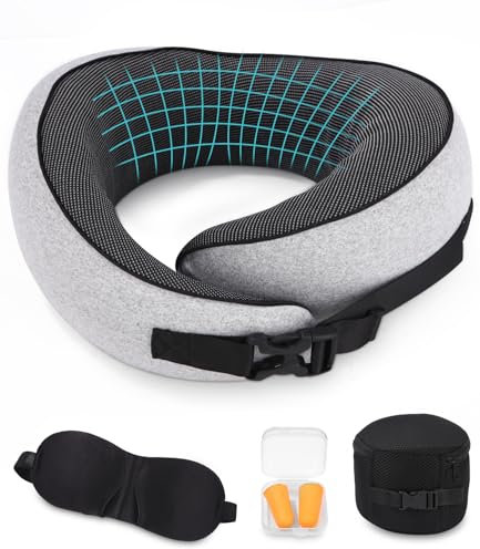 FAOKZE Flugzeug-Nackenkissen, Reisekissen Memory Foam, Nackenkissen für Erwachsene, verstellbares und waschbares Flugzeug-Kissen, ergonomisches Reisekissen (grau)