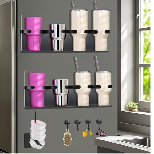 ECHEAAKW Magnetic Water Bottle Organizer Holder Set, Tumbler Lid Straw Organizer for Stanley & Large Tumbler, Metal Stanley Cup Holder with 4 Magnetic Hooks, Mug Stand Kitchen Organizers
