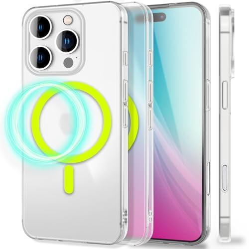 NALIA Ultra Slim Hardcase für iPhone 16 Pro - Hülle, Neon Gelb | Speichert Umgebungslicht ohne Strom, Seidige Textur mindert Fingerabdrücke, Logo schimmert durch, THINIX GLOW