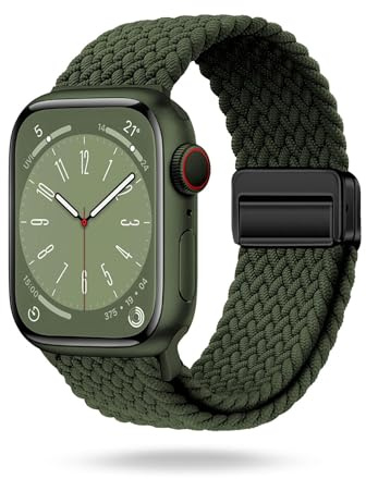 ONEFLOW Casual Loop Kompatibel mit Apple Watch 9 (45mm) Geflochtenes Armband Elastisch, Textil iWatch Armbänder Damen Herren, Sport Nylon Stoff Band Verschluss Magnetisch, Oliv