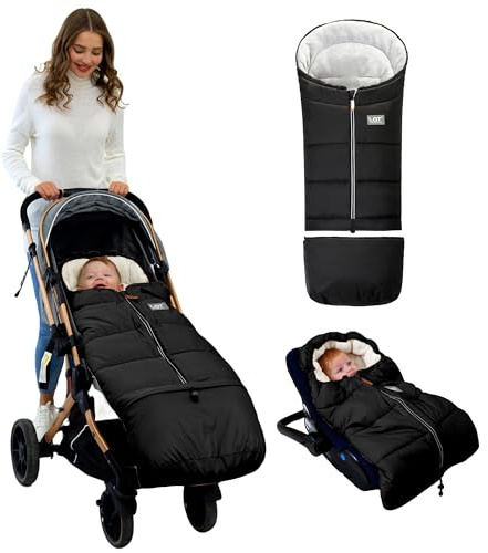 LAT Universal Fußsack für Babyschale Kinderwagen, Wind- und Wasserdicht mit Abnehmbarer Verlängerungsabschnitt Winterfußsack für Kinderwagen Buggy (Grundfarbe, Schwarz)