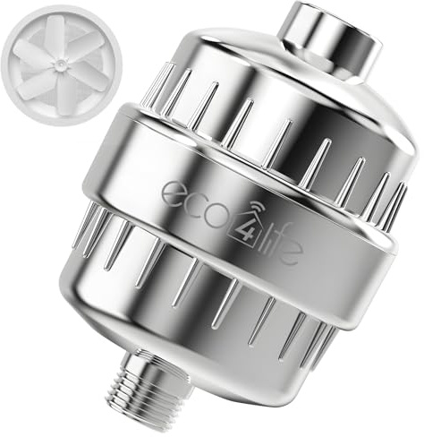 eco4life Shower Filter - 25 Stage Shower Head Filter for Hard Water, Removes 99% of Chlorine & Heavy Metal, Improves Skin & Hair, Built-in Turbine Fan, Fits Most Bathroom, Bathtub Showers (1 Filter)