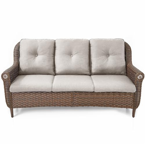 ACTREST Patio Couch Outdoor Wicker Sofa - Heavy Duty All-Weather Brown Rattan 3-Seater with High Back and Comfortable Thick Cushions for Garden Back Porch Poolside Apartment - Beige