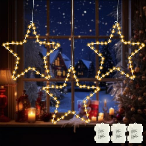 MOLVCE LED Weihnachtsstern Beleuchtung, 3 Stück 45 Warmweiße Led Leuchtstern Weihnachten Stern Weihnachtsbeleuchtung mit 8 Modi und Timer, LED Stern Lichter Batteriebetrieben für Weihnachtsdeko