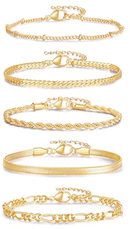 Sahoottie 5Pcs 14K Gold/Rose Gold/Silver Bracelets Set for Women,Dainty Bracelets Stacking Jewellery Adjustable Rope Cuban Figaro Herringbone Bead Chain Bracelets Set for Women