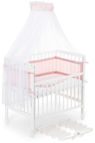 FabiMax Boxspring Baby Beistellbett Flex 90x55 Komplettset, aus Buchenholz weiß lackiert, mit innovativem verstellbarem Seitengitter, passend für Boxspringbetten (Rosa Blümchen, Air 90x55)