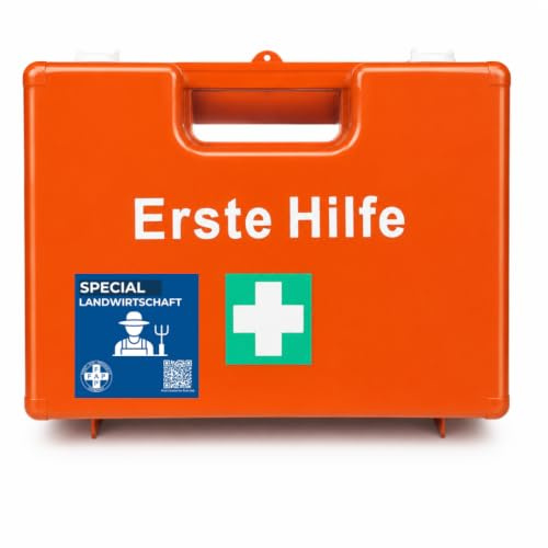 FAP Erste-Hilfe-Koffer Landwirtschaft DIN 13157 gefüllt - Orange | Augenspülung & Wundreinigung | Landwirt Bauernhof Agrarbetrieb Tierhaltung, Betriebsverbandkasten Wandhalterung -33×42×15 cm
