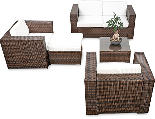 XINRO XXL Loungemöbel Rattan Set Balkon erweiterbar - Gartenmöbel Lounge Sofa Set XXL - braun-Mix – Garten Lounge Möbel Set -inkl. Loungesofa + Loungesessel + Loungehocker + Loungetisch + Kissen