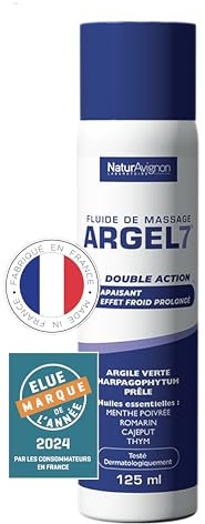 NaturAvignon Argel 7 gel de massage gênes articulaires et contracture musculaire | argile verte, harpagophytum | massage genoux douleur dos |effet cryothérapie | massage et relaxation | spray 125mL