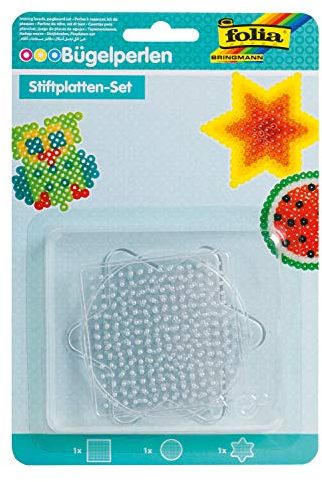 folia 73211 - Bügelperlen Stiftplatten Mix, BASIC SMALL, 3 Motive sortiert, 3 transparente Steckplatten für Bügelperlen mit einem Durchmesser von 5 mm, Kreis, Quadrat und Stern