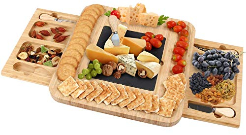 Tabla De Quesos De Pizarra De Bambú,Bandeja De Queso Y Galletas Con Cubiertos,Incluye 2 Gavetas Deslizables Con 4 Cuchillos De Acero Inoxidable Navidad Y San-Valentín Mejores Regalos