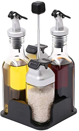 Cruet Sets with Tray Holder, Glass Bottle of Salt and Pepper Set, Oil and Vinegar Bottles Dispenser, Salt and Pepper Shakers Dispensers, BPA Free, Lead Free (Set A)