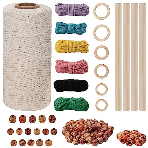 Belle Vous Macrame Cord Beginners Kit - 100m / 109 Yards x 3mm Cotton Rope with Wooden Rings, Dowels and Beads - Macrame Starter Set for Wall Hanging Decor, Plant Hangers and DIY Crafts for Adults