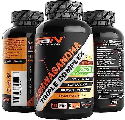 Ashwagandha Triple Extrakt Komplex - Premium: Ultra hochdosiert mit 2620 mg - Shoden® Ashwagandha-Wurzelextrakt (35% Withanolide) + Bio Ashwagandha Pulver + Piperin - 120 Kapseln - Vegan