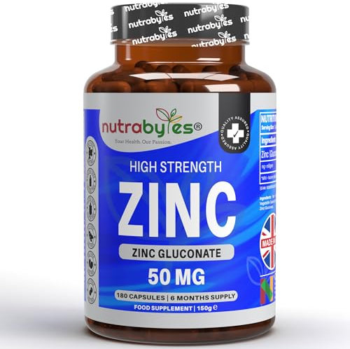 Nutrabytes High Strength Zinc Gluconate Supplement, 180 Vegan Capsules | 50mg Pure Elemental Chelated Mineral for Immune System, Skin, Hair, Nails, Hormone & Fertility Support | 6 Month Supply