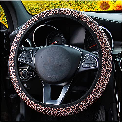 Bunte Blumen Muster Stoff Universal Auto Lenkradbezug Lenkradhüllen Lenkradabdeckung Anti-Rutsch Schweiß absorbieren Auto Wrap Lenkrad Abdeckung Lenkradschoner Autozubehör für Damen 37-38cm,Leopard