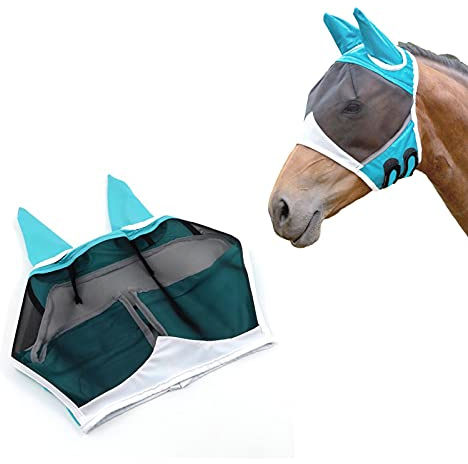 Andiker Pferde Fliegenmaske mit Ohren Weich Lycra Pferdefliegenmaske atmungsaktiv UV-Schutz (Grün) (L)