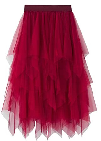 SotRong Tüllrock Rot Damen Karneval Asymmetrisch Midirock Elastisch Hohe Taille Plissee Stufendecke Sommerrock Elegant Mesh Ballett Hochzeit Party Abschlussball Tutu Rock