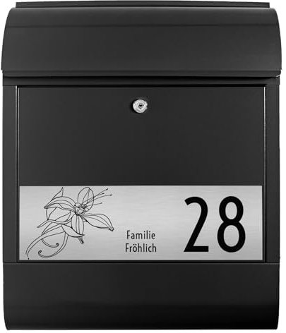 banjado® Briefkasten personalisiert mit graviertem Namensschild in Silber/Briefkasten schwarz 39x47x14cm / Briefkasten mit Hausnummer, Namen & Motiv Lilie/Briefkasten mit Zeitungsfach
